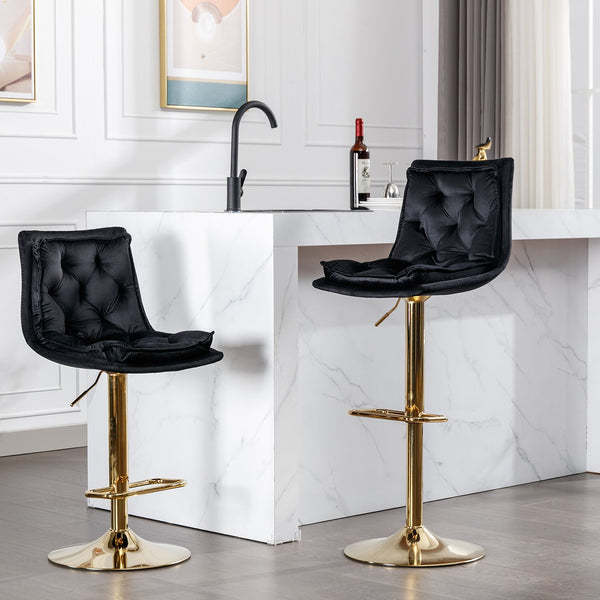 English Elm Set of 2 Velvet Swivel Bar Stools with Gold Legs, Chrome Footrest, Height Adjustable Modern Counter Chairs Black W124983609