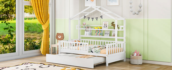 English Elm Wooden Twin House Bed with Trundle & Built-in Shelves, Roof Design, Sturdy Pine Frame, White WF301682AAK