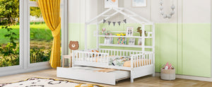 English Elm Wooden House Frame Twin Bed with Trundle and Shelf Pinewood Kids Bedroom N733S371264K