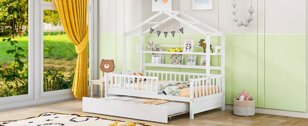 English Elm Wooden House Frame Twin Bed with Trundle and Shelf Pinewood Kids Bedroom N733S371264K