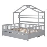 Hearth and Haven Wooden Full Size House Bed with Twin Size Trundle, Kids Bed with Shelf WF301683AAE