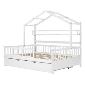 English Elm Wooden Full House Bed with Roof & Twin Trundle, Built-In Shelves, Pine Frame, White Child-Friendly Retreat WF301683AAK