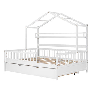 English Elm Wooden House Frame Twin Bed with Trundle and Shelf Pinewood Kids Bedroom N733S371268K