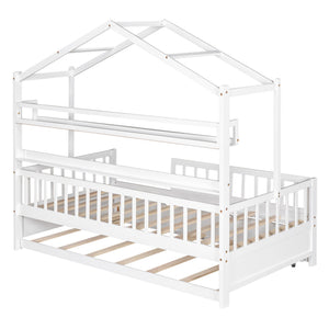 English Elm Wooden Twin House Bed with Trundle & Built-in Shelves, Roof Design, Sturdy Pine Frame, White WF301682AAK