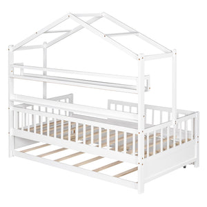 English Elm Wooden House Frame Twin Bed with Trundle and Shelf Pinewood Kids Bedroom N733S371264K