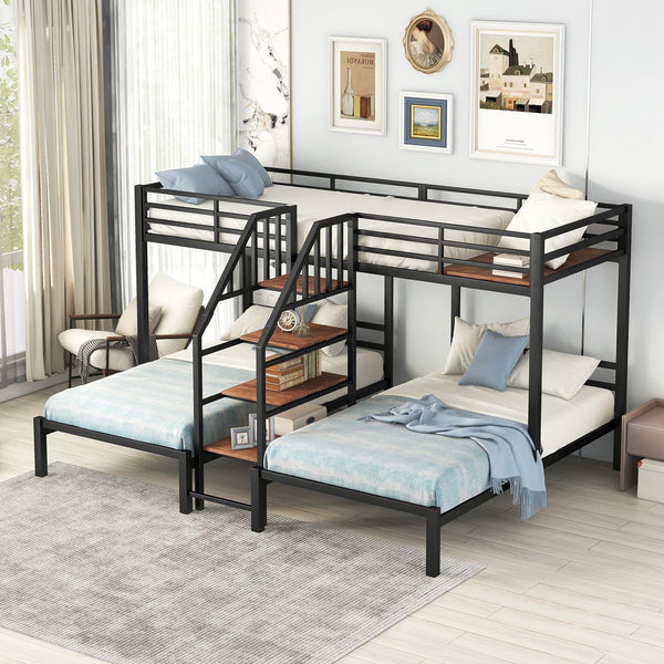 English Elm Metal Triple Bunk Bed Space-Saving Twin over Twin & Twin Design with Staircase Storage Shelves, Durable Metal Frame Black GX001115AAB