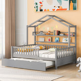 Hearth and Haven Wooden Full Size House Bed with Twin Size Trundle, Kids Bed with Shelf WF301683AAE