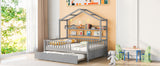 English Elm Wooden Full Size House Bed With Twin Size Trundle,Kids Bed With Shelf, Gray