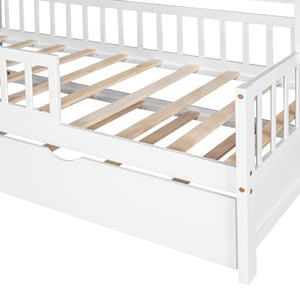English Elm Wooden House Frame Twin Bed with Trundle and Shelf Pinewood Kids Bedroom N733S371264K