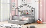 English Elm Wooden Twin Size House Bed With Trundle,Kids Bed With Shelf, Gray