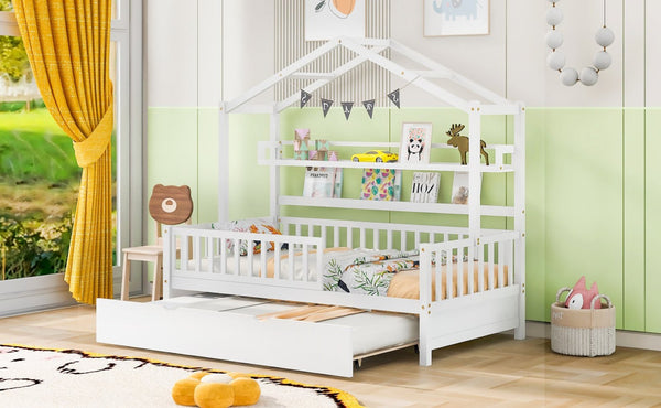English Elm Wooden House Frame Twin Bed with Trundle and Shelf Pinewood Kids Bedroom N733S371264K