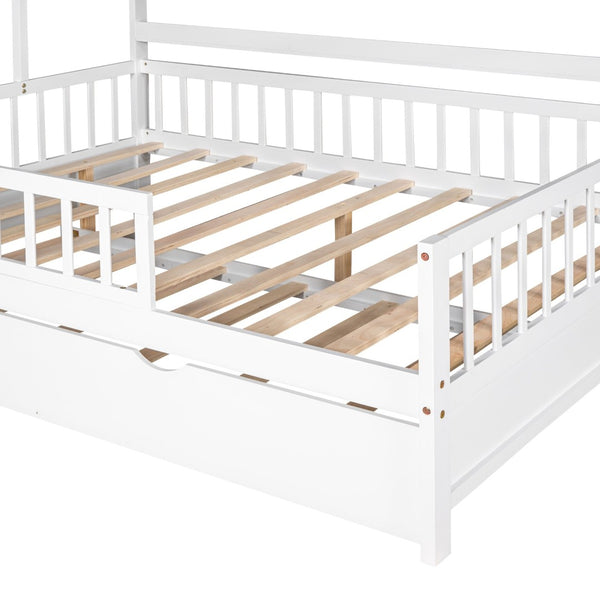 English Elm Wooden House Frame Twin Bed with Trundle and Shelf Pinewood Kids Bedroom N733S371268K