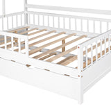 English Elm Wooden Full Size House Bed With Twin Size Trundle,Kids Bed With Shelf, White