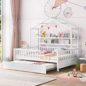 English Elm Wooden House Frame Twin Bed with Trundle and Shelf Pinewood Kids Bedroom N733S371268K
