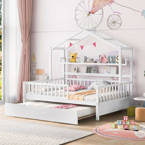 English Elm Wooden House Frame Twin Bed with Trundle and Shelf Pinewood Kids Bedroom N733S371268K