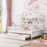 Hearth and Haven Wooden Full Size House Bed with Twin Size Trundle, Kids Bed with Shelf WF301683AAK