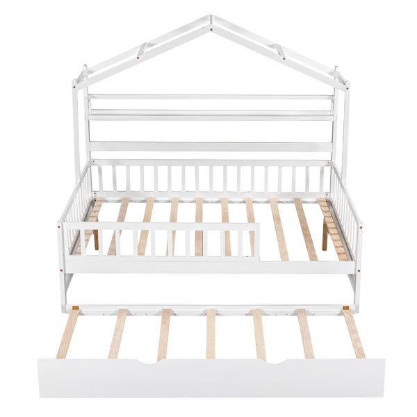 English Elm Wooden Full House Bed with Roof & Twin Trundle, Built-In Shelves, Pine Frame, White Child-Friendly Retreat WF301683AAK
