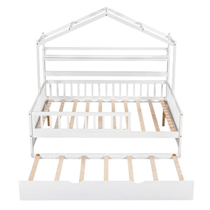 English Elm Wooden House Frame Twin Bed with Trundle and Shelf Pinewood Kids Bedroom N733S371268K