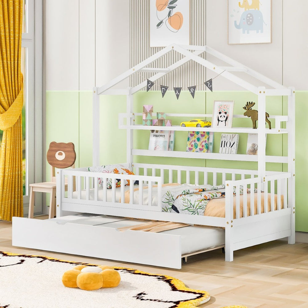 English Elm Wooden House Frame Twin Bed with Trundle and Shelf Pinewood Kids Bedroom N733S371264K