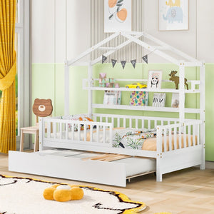English Elm Wooden House Frame Twin Bed with Trundle and Shelf Pinewood Kids Bedroom N733S371264K