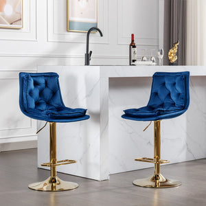 English Elm Set of 2 Velvet Swivel Bar Stools with Gold Legs, Chrome Footrest, Height Adjustable Modern Counter Chairs Blue W124983608