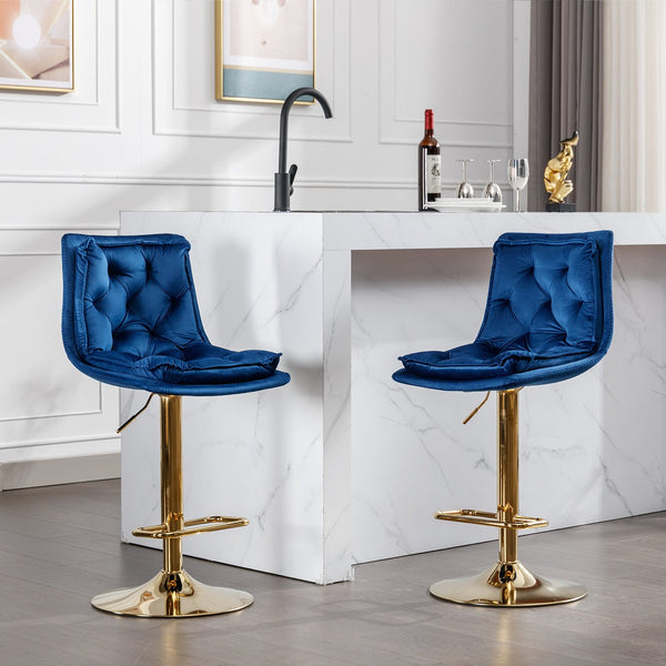 English Elm Set of 2 Velvet Swivel Bar Stools with Gold Legs, Chrome Footrest, Height Adjustable Modern Counter Chairs Blue W124983608