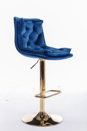 English Elm Set of 2 Velvet Swivel Bar Stools with Gold Legs, Chrome Footrest, Height Adjustable Modern Counter Chairs Blue W124983608