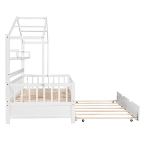 English Elm Wooden House Frame Twin Bed with Trundle and Shelf Pinewood Kids Bedroom N733S371264K