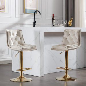 English Elm Set of 2 Velvet Swivel Bar Stools with Gold Legs, Chrome Footrest, Height Adjustable Modern Counter Chairs Cream W124983610