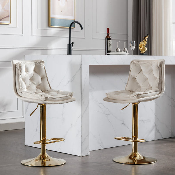 English Elm Set of 2 Velvet Swivel Bar Stools with Gold Legs, Chrome Footrest, Height Adjustable Modern Counter Chairs Cream W124983610