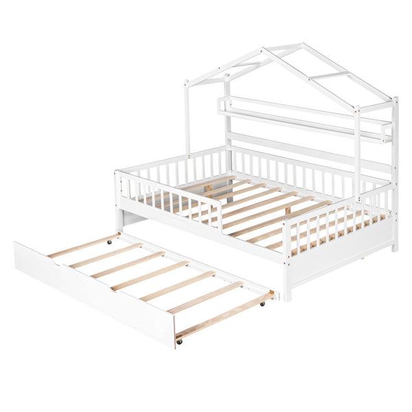 English Elm Wooden House Frame Twin Bed with Trundle and Shelf Pinewood Kids Bedroom N733S371268K