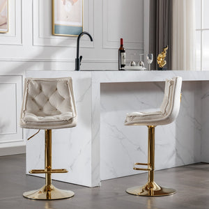 English Elm Set of 2 Velvet Swivel Bar Stools with Gold Legs, Chrome Footrest, Height Adjustable Modern Counter Chairs Cream W124983610