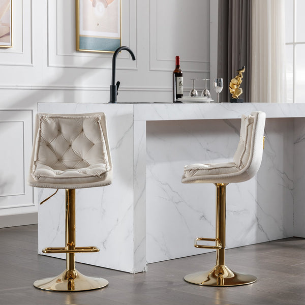 English Elm Set of 2 Velvet Swivel Bar Stools with Gold Legs, Chrome Footrest, Height Adjustable Modern Counter Chairs Cream W124983610