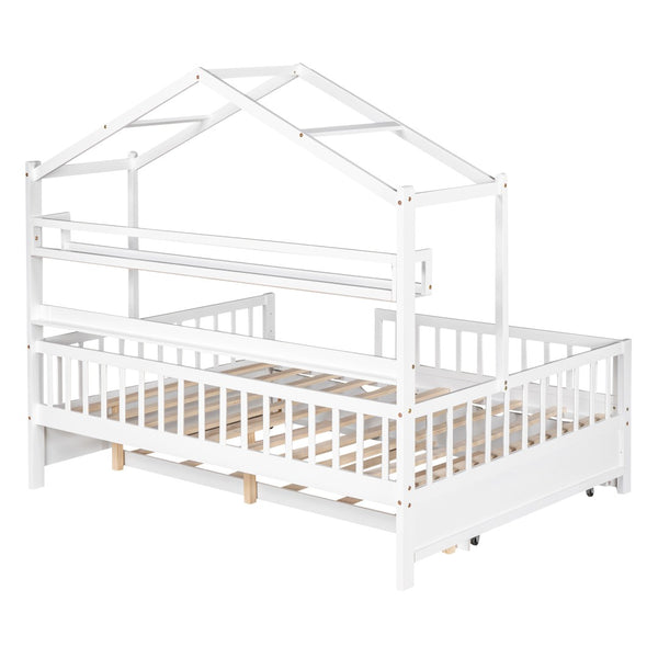 English Elm Wooden House Frame Twin Bed with Trundle and Shelf Pinewood Kids Bedroom N733S371268K