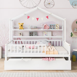 English Elm Wooden House Frame Twin Bed with Trundle and Shelf Pinewood Kids Bedroom N733S371268K