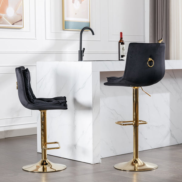 English Elm Set of 2 Velvet Swivel Bar Stools with Gold Legs, Chrome Footrest, Height Adjustable Modern Counter Chairs Black W124983609