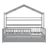 English Elm Wooden Twin Size House Bed With Trundle,Kids Bed With Shelf, Gray