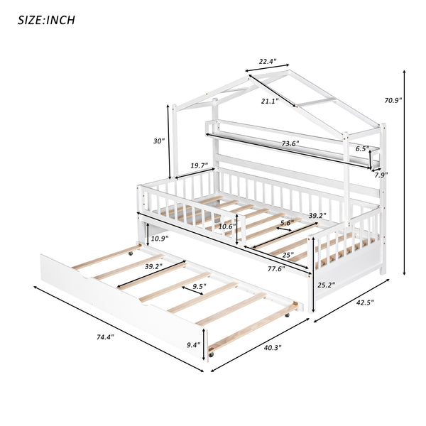 English Elm Wooden Twin House Bed with Trundle & Built-in Shelves, Roof Design, Sturdy Pine Frame, White WF301682AAK