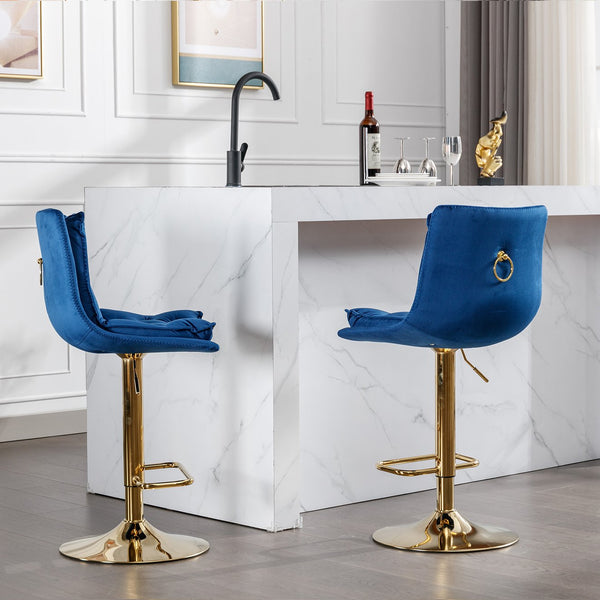 English Elm Set of 2 Velvet Swivel Bar Stools with Gold Legs, Chrome Footrest, Height Adjustable Modern Counter Chairs Blue W124983608