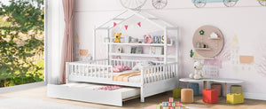 English Elm Wooden Full House Bed with Roof & Twin Trundle, Built-In Shelves, Pine Frame, White Child-Friendly Retreat WF301683AAK