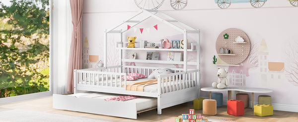 English Elm Wooden House Frame Twin Bed with Trundle and Shelf Pinewood Kids Bedroom N733S371268K
