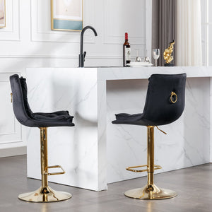 English Elm Set of 2 Velvet Swivel Bar Stools with Gold Legs, Chrome Footrest, Height Adjustable Modern Counter Chairs Black W124983609