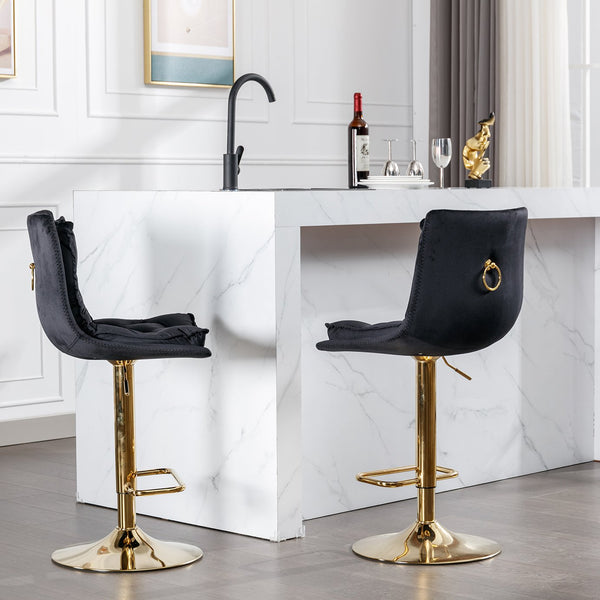 English Elm Set of 2 Velvet Swivel Bar Stools with Gold Legs, Chrome Footrest, Height Adjustable Modern Counter Chairs Black W124983609