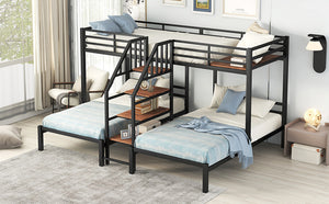 English Elm Metal Triple Bunk Bed Space-Saving Twin over Twin & Twin Design with Staircase Storage Shelves, Durable Metal Frame Black GX001115AAB