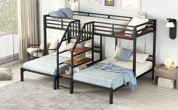 English Elm Metal Triple Bunk Bed Space-Saving Twin over Twin & Twin Design with Staircase Storage Shelves, Durable Metal Frame Black GX001115AAB