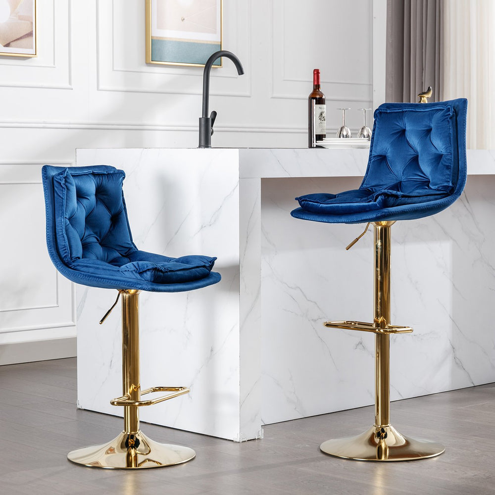 English Elm Set of 2 Velvet Swivel Bar Stools with Gold Legs, Chrome Footrest, Height Adjustable Modern Counter Chairs Blue W124983608