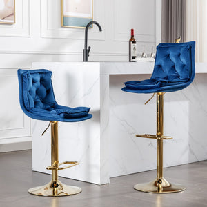 English Elm Set of 2 Velvet Swivel Bar Stools with Gold Legs, Chrome Footrest, Height Adjustable Modern Counter Chairs Blue W124983608