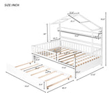 English Elm Wooden Full Size House Bed With Twin Size Trundle,Kids Bed With Shelf, White