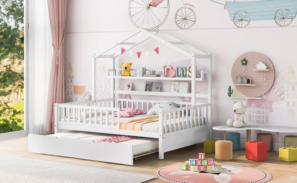English Elm Wooden House Frame Twin Bed with Trundle and Shelf Pinewood Kids Bedroom N733S371268K