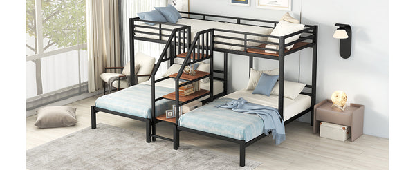 English Elm Metal Triple Bunk Bed Space-Saving Twin over Twin & Twin Design with Staircase Storage Shelves, Durable Metal Frame Black GX001115AAB